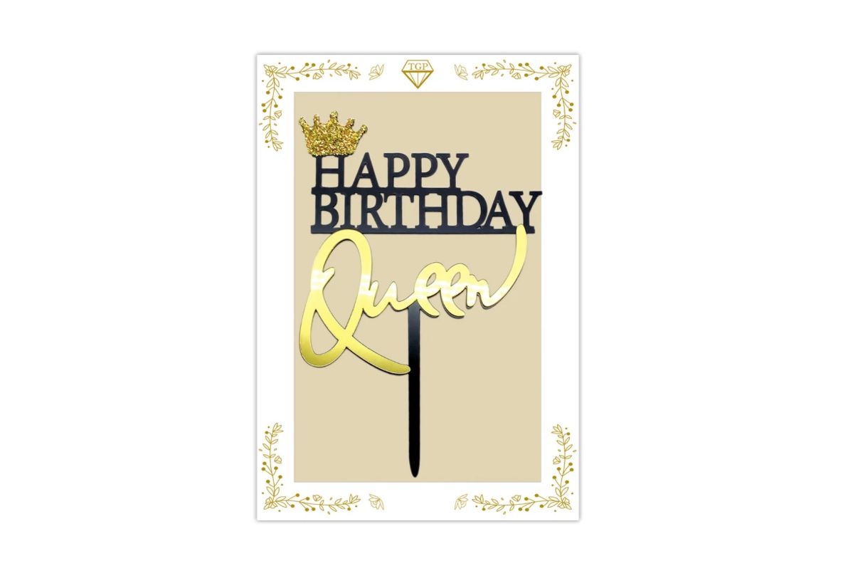 QUEEN GOLD WITH BLACK *HAPPY BIRTHDAY” CAKE TOPPER