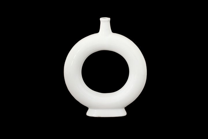 50% off was $26 now $13. 10.75’H X 9”MATTE WHITE CERAMIC RING PEDESTAL VASE
