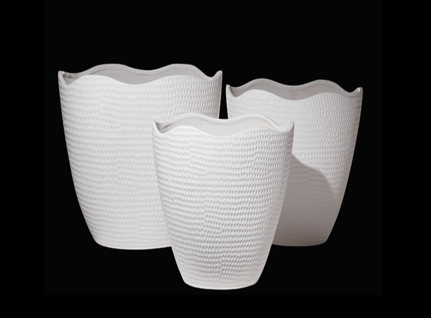 10.5”H X 7”W X 13.5”L MATTE WHITE CERAMIC SPOTTI SASSO VASE WITH IRREGULAR LIP