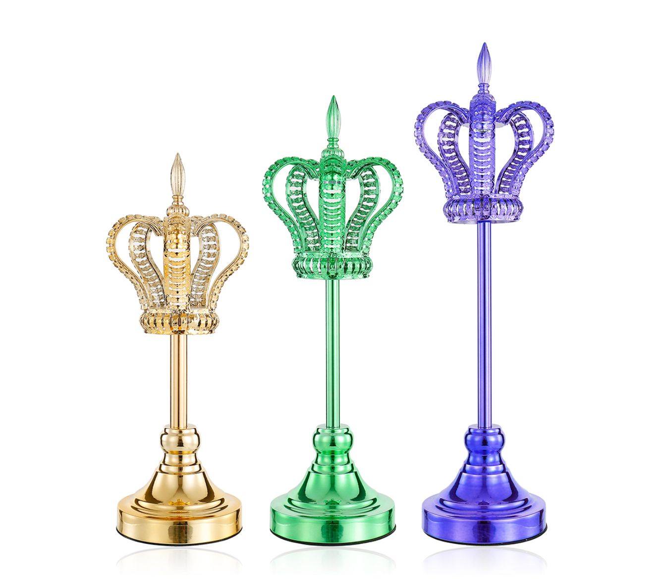 50% off was $70 now $35. 17.5”H, 15.5”H, 13.5”H X 5”KING QUEEN CROWN SET IN GOLD, SILVER AND PURPLE