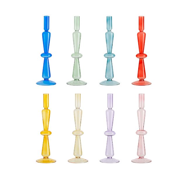 11.75"h x 3.5 GLASS TAPER CANDLE HOLDER, CAN ALSO BE USED AS A BUD VASE (PRICE PER EACH, BOX HAS ASSORTMENT)