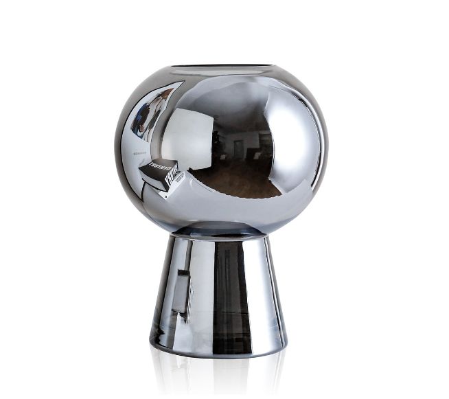 9”H X 6.25” GLASS SILVER MIRROR BELLY FOOTED VASE