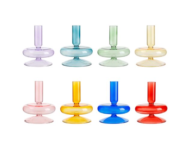 5”H X 4” GLASS TAPER CANDLE HOLDER, CAN ALSO BE USED AS A BUD VASE (PRICE PER EACH, BOX HAS ASSORTMENT)