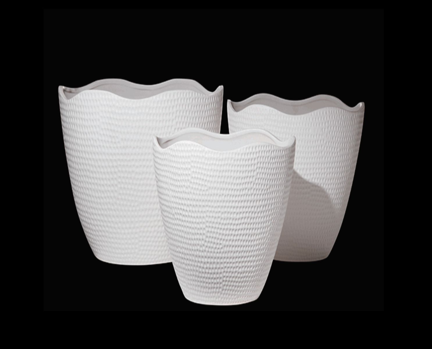 8.5”H X 5”W X 11”L MATTE WHITE CERAMIC SPOTTI SASSO VASE WITH IRREGULAR LIP