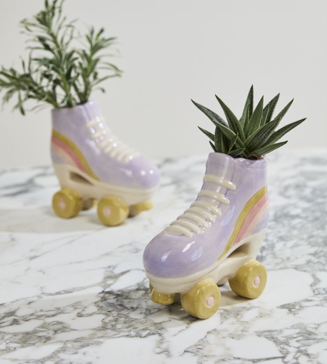 6.75”H X 3” X 7.25” CERAMIC  ROLLERSKATE PLANTER