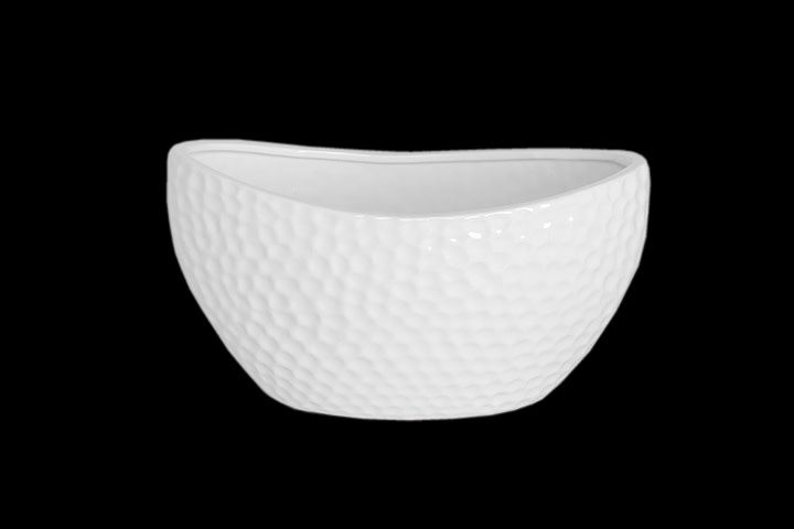 5.5”H X 5.75”W X 10” MATTE WHITE Ceramic Oval Vase with Bended Rim Mouth and Pressed Pattern Design