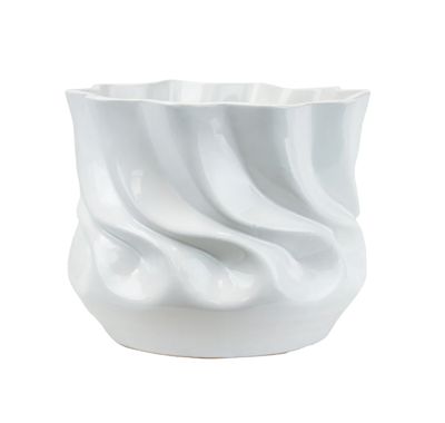 8”H X 10” WHITE GLOSSY CERAMIC RIPPLE VASE