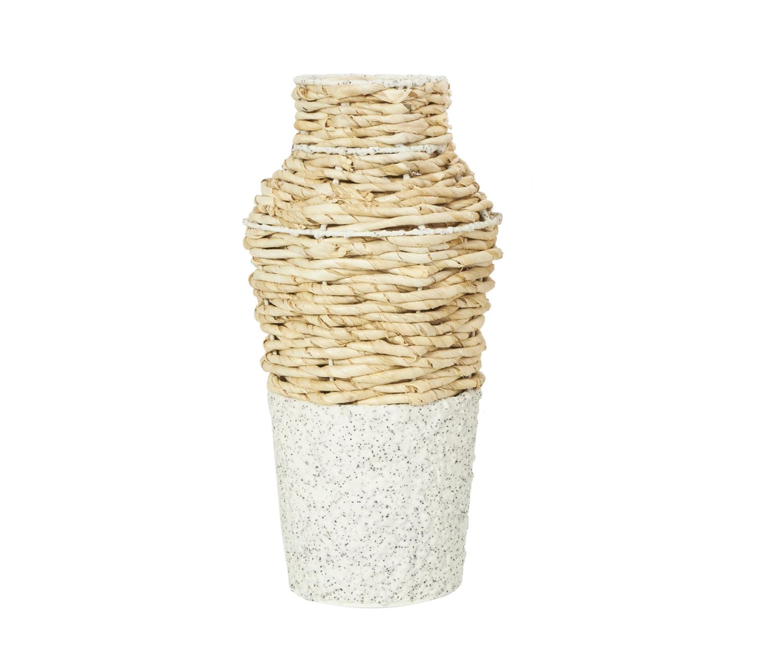15”H X 7” SMALL BROWN SEAGRASS WOVEN VASE WITH SPECKLED BLACK AND WHITE BASES (NOT WATER TIGHT)