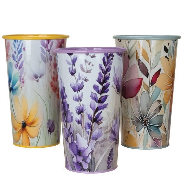 ROUND METAL CONTAINER 4.5" X 8", WILDFLOWERS.  ND (price per each, box has asst.)