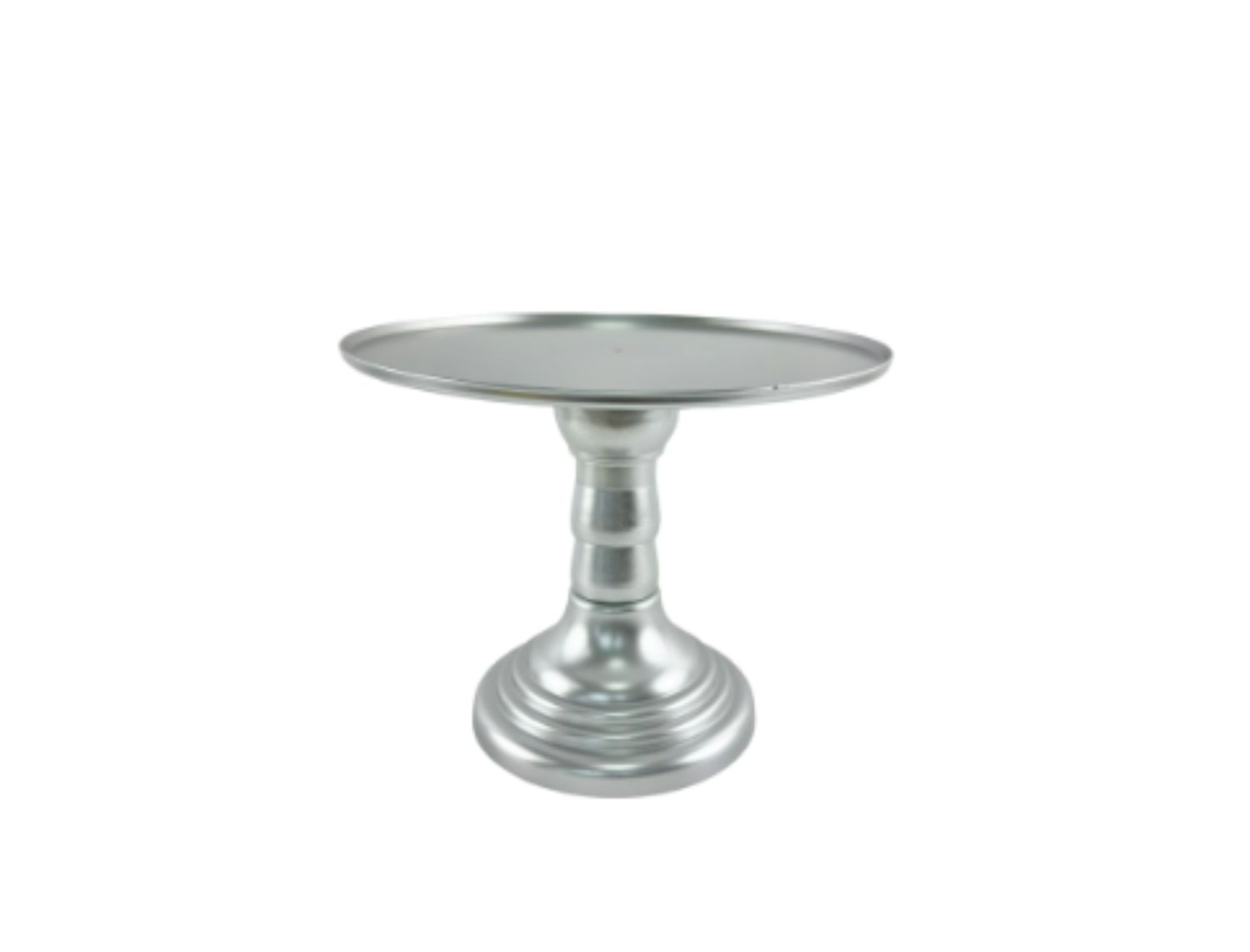 9”H X 11” SILVER ROUND PLASTIC ADJUSTABLE CAKE AND CUPCAKE STAND (THE HEIGHT CAN BE ADJUSTED AS LOW AS 6.25”H)
