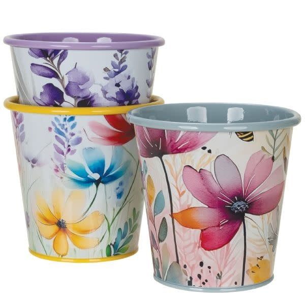 ROUND WILDFLOWER METAL CONTAINER 4.75" X 4.75" (price per each, box has asst.)