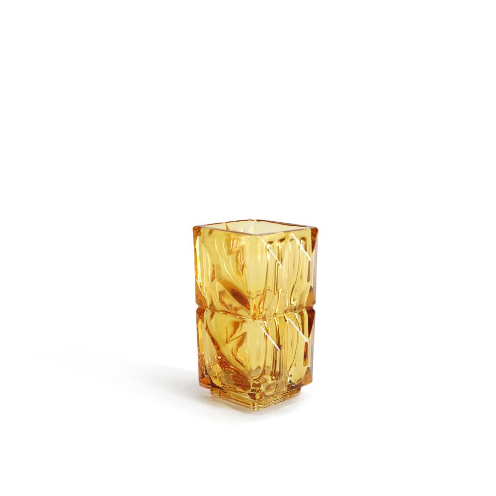 5.25”H X 3.25” X 3.25” AMBER CRYSTALLINE EDGE BUDVASE
