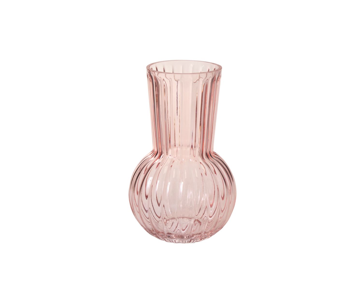 8”H X 5” PINK GLASS RIBBED PEONY VASE