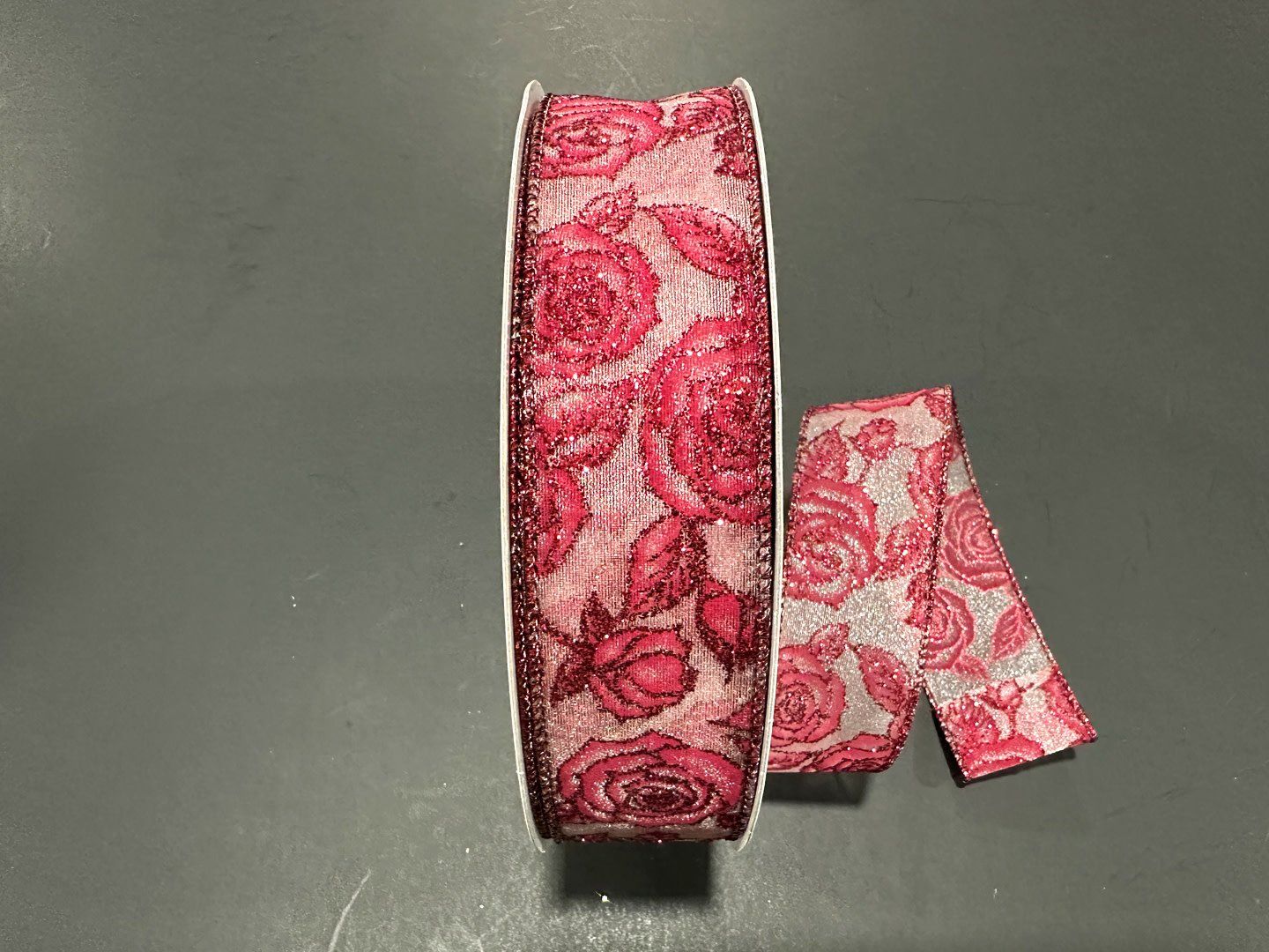 WHITE RIBBON, SHEER GLITTER ROSES, 1.5" X 50YDS