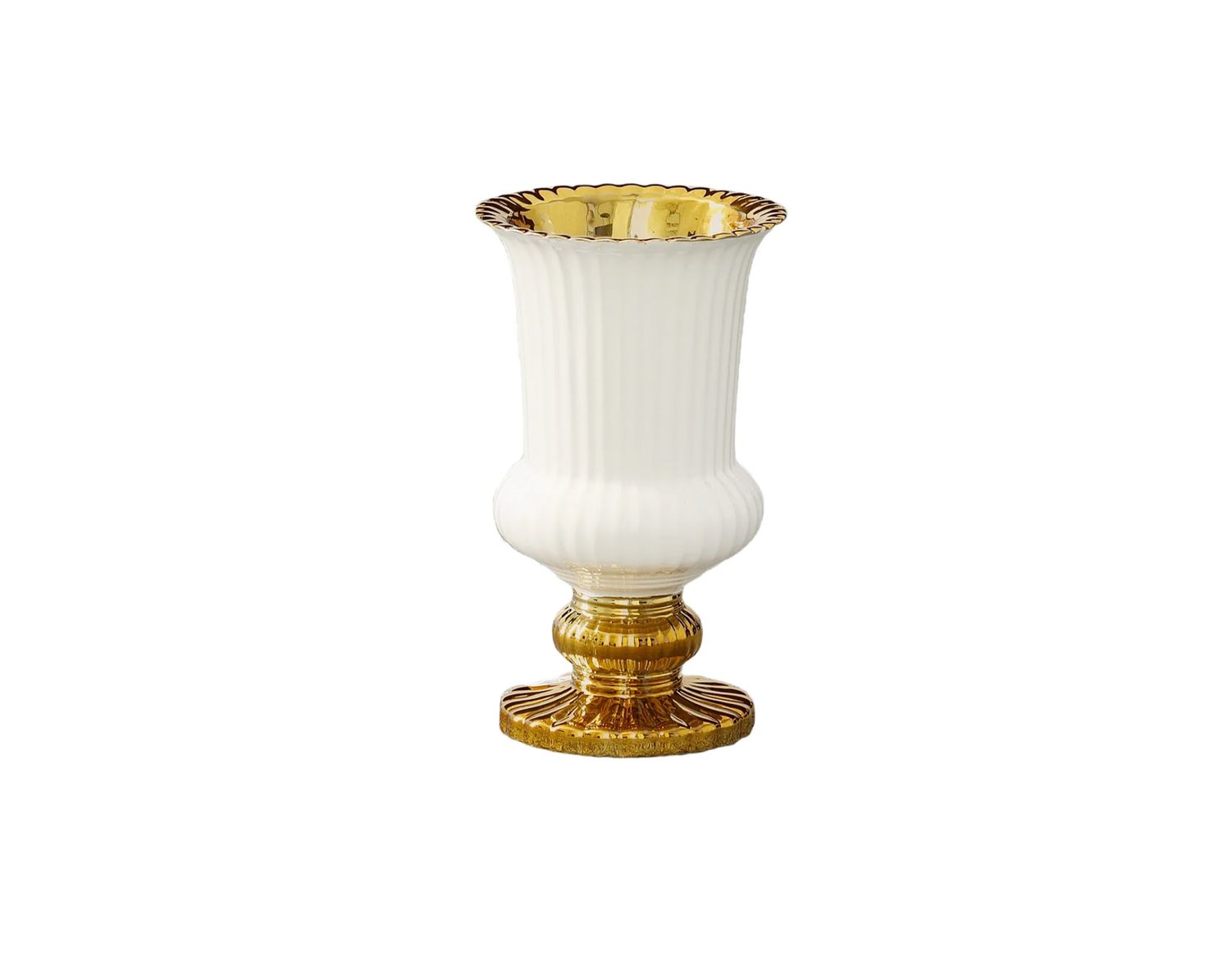 8”H X 5” GLOSSY WHITE WITH GOLD CERAMIC PEDESTAL