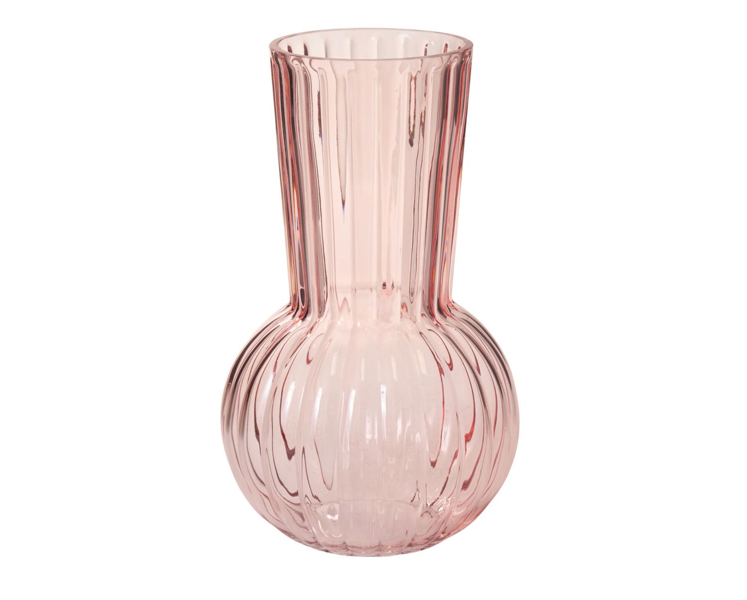 11”H X 6.75” PINK GLASS RIBBED PEONY VASE