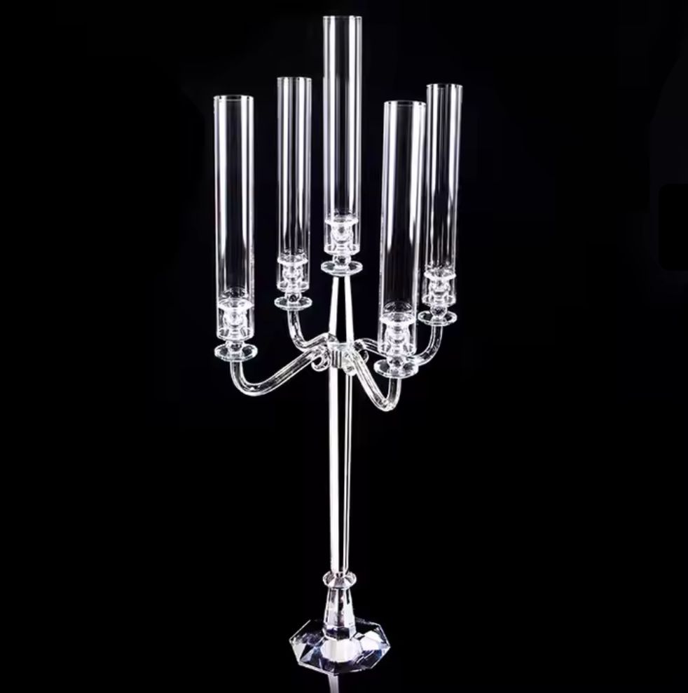 38” CLASSIC CRYSTAL GLASS CANDELABRA 5 ARMS, CHIMNEY INCLUDED