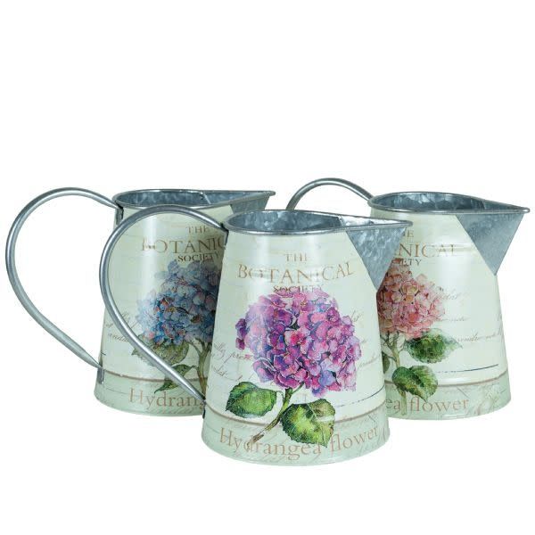 9"H X 4.5" HYDRANGEA METAL PITCHER. ND (price per each, box has asst.)