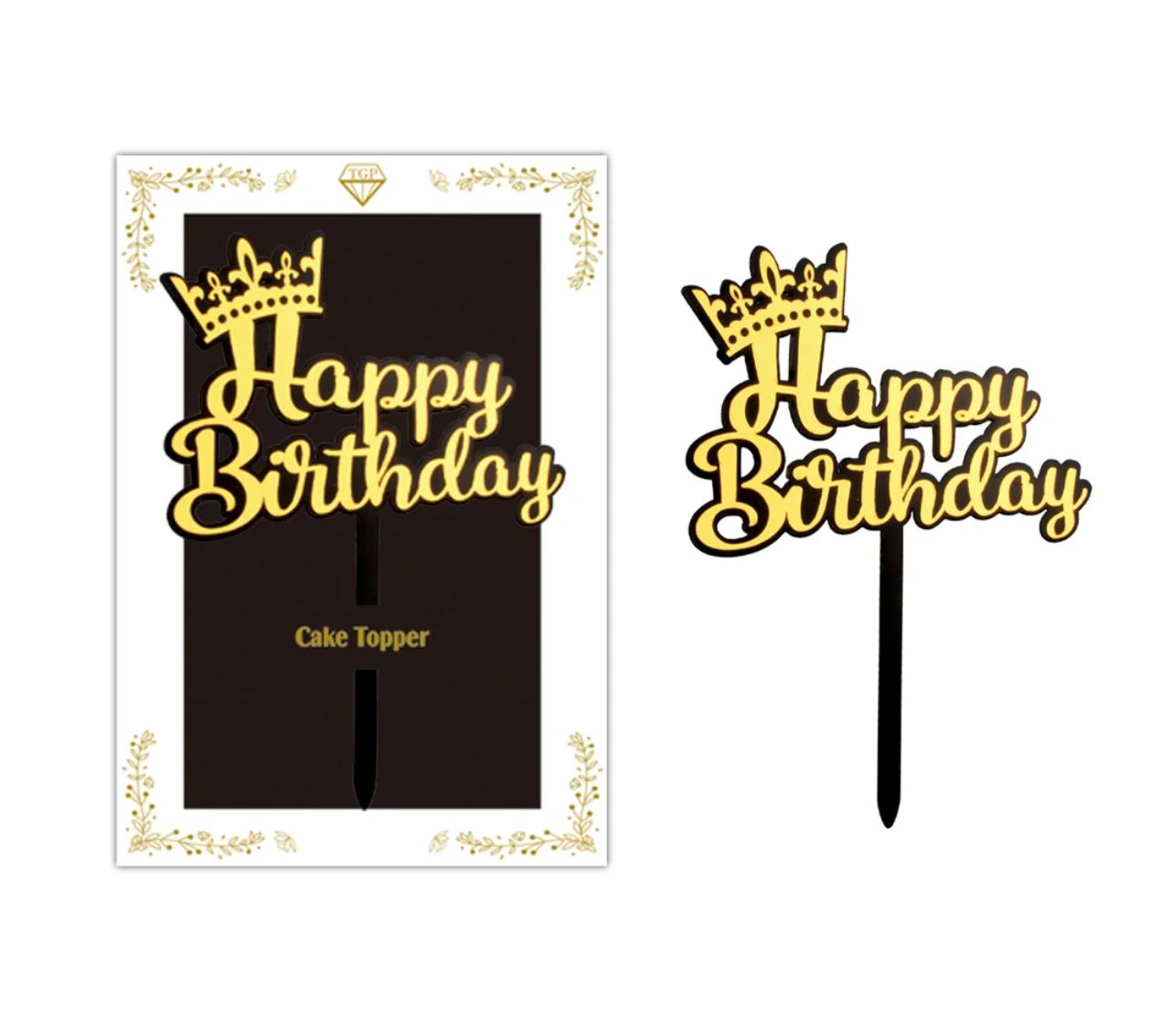 HAPPY BIRTHDAY W CROWN, GOLD CAKE TOPPER
