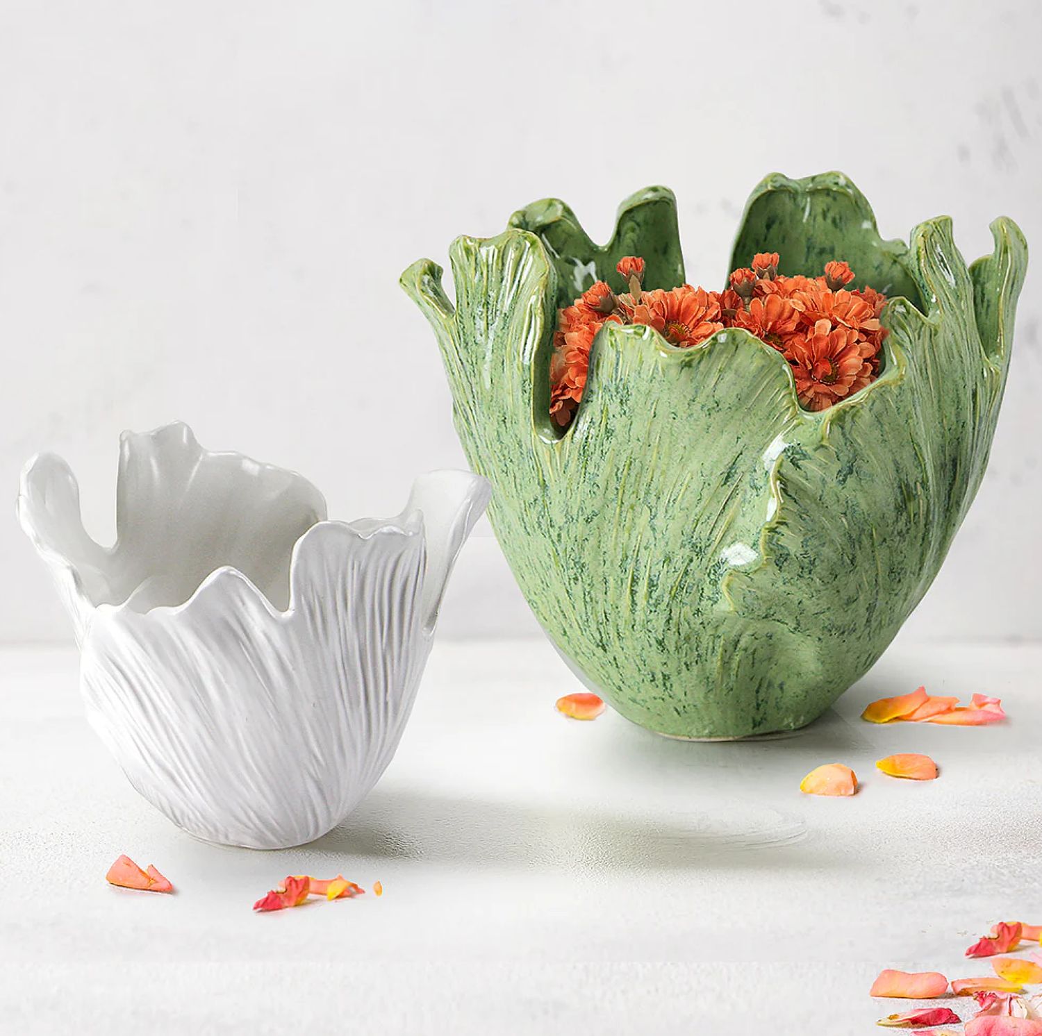 6.75”H X 7.5” WHITE CERAMIC ORNAMENTAL KALE BOWL