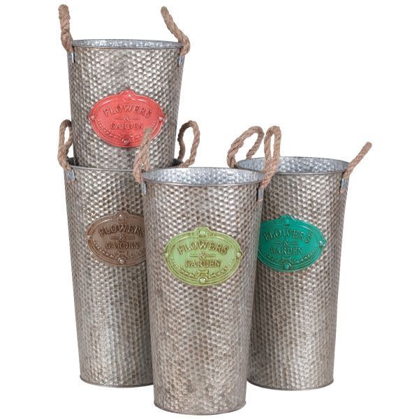 13"H X 7" ROUND METAL CONTAINER W BLACK BUCKET "FLOWERS" (price per each, box has asst.)