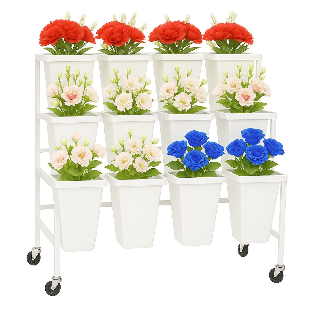 12 SQUARE WHITE BUCKET, WHITE STAND W/ BUCKETS INCLUDED 31.25"H X 39.5"L X 23.25" REG PRICE $280.
