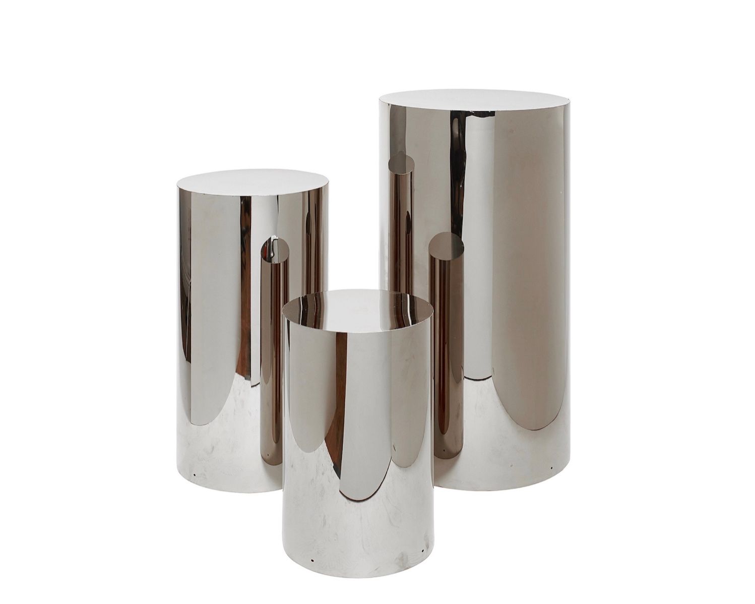 METALLIC METAL SILVER COLUMN SET OF THREE 36”H X 16”, 28” x 14”, 20”h x 13