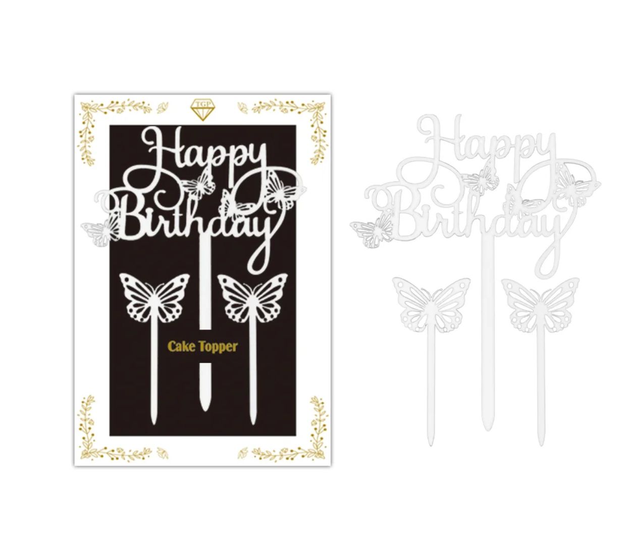 HAPPY BIRTHDAY SILVER CAKE TOPPER WITH BUTTERFLIES