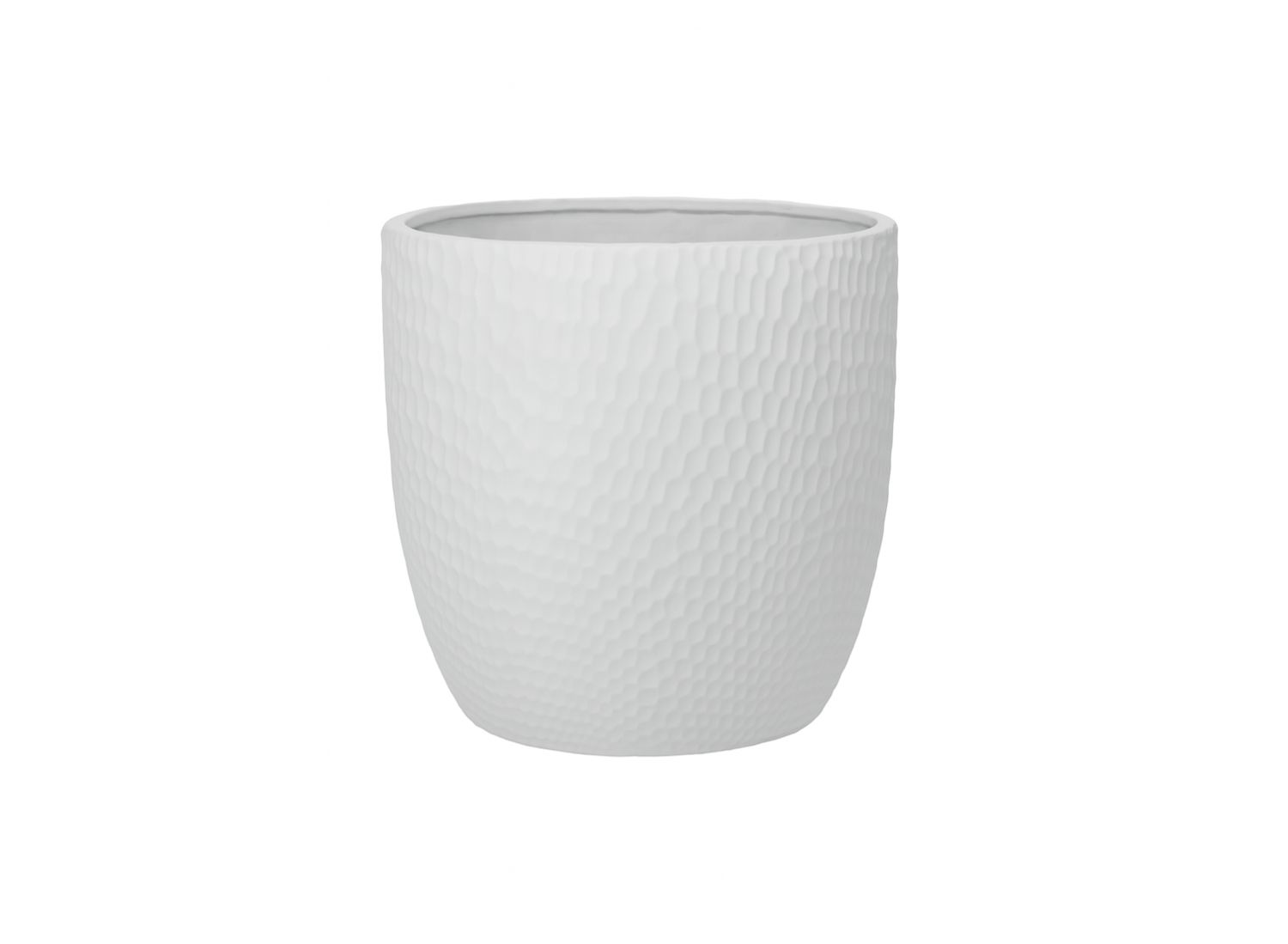 9.25"h x 9.75" CERAMIC ROUND POT WITH HAMMERD PATTERN DESIGN BODY  MATTE FINISH WHITE