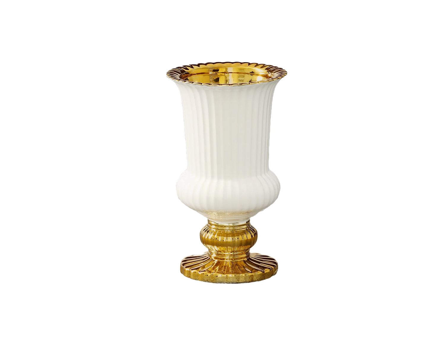 10”H X 6” GLOSSY WHITE WITH GOLD CERAMIC PEDESTAL