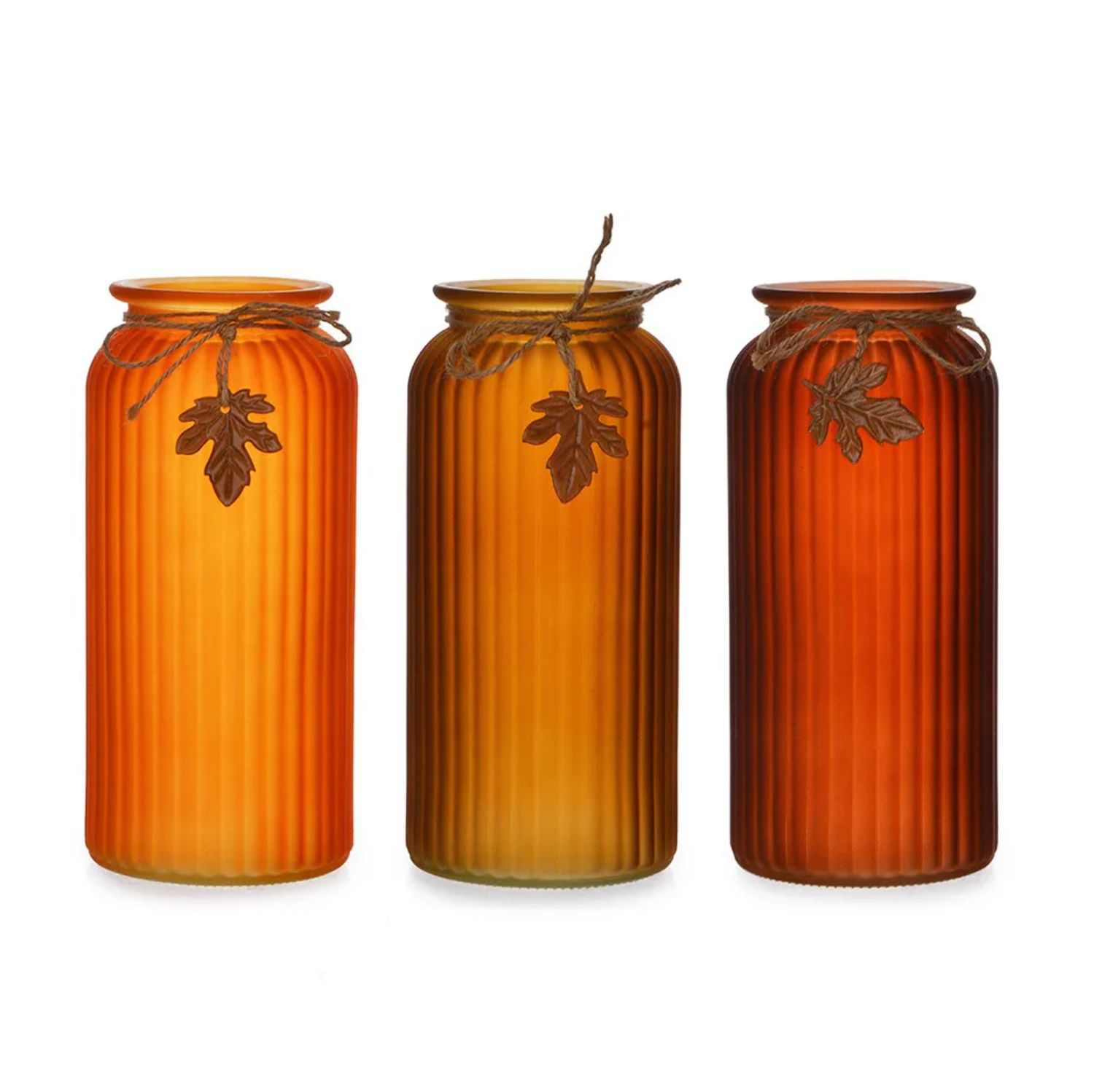 10"H X 5” FALL GLASS RIBBED JAR W/ LEAF (PRICE PER EACH, BOX HAS ASSORTMENT)