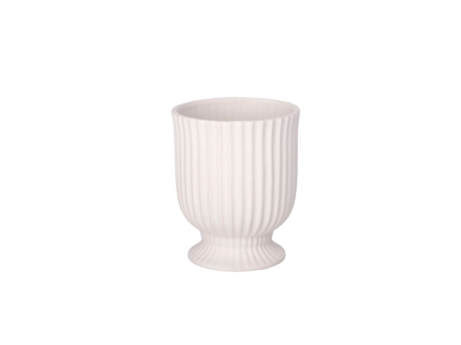 6.5”H X 5.5” WHITE CERAMIC RIBBED PEDESTAL URN