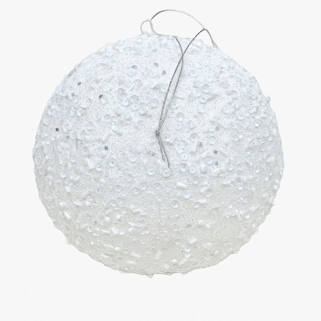 8" WHITE GLITTER BALL ORNAMENT