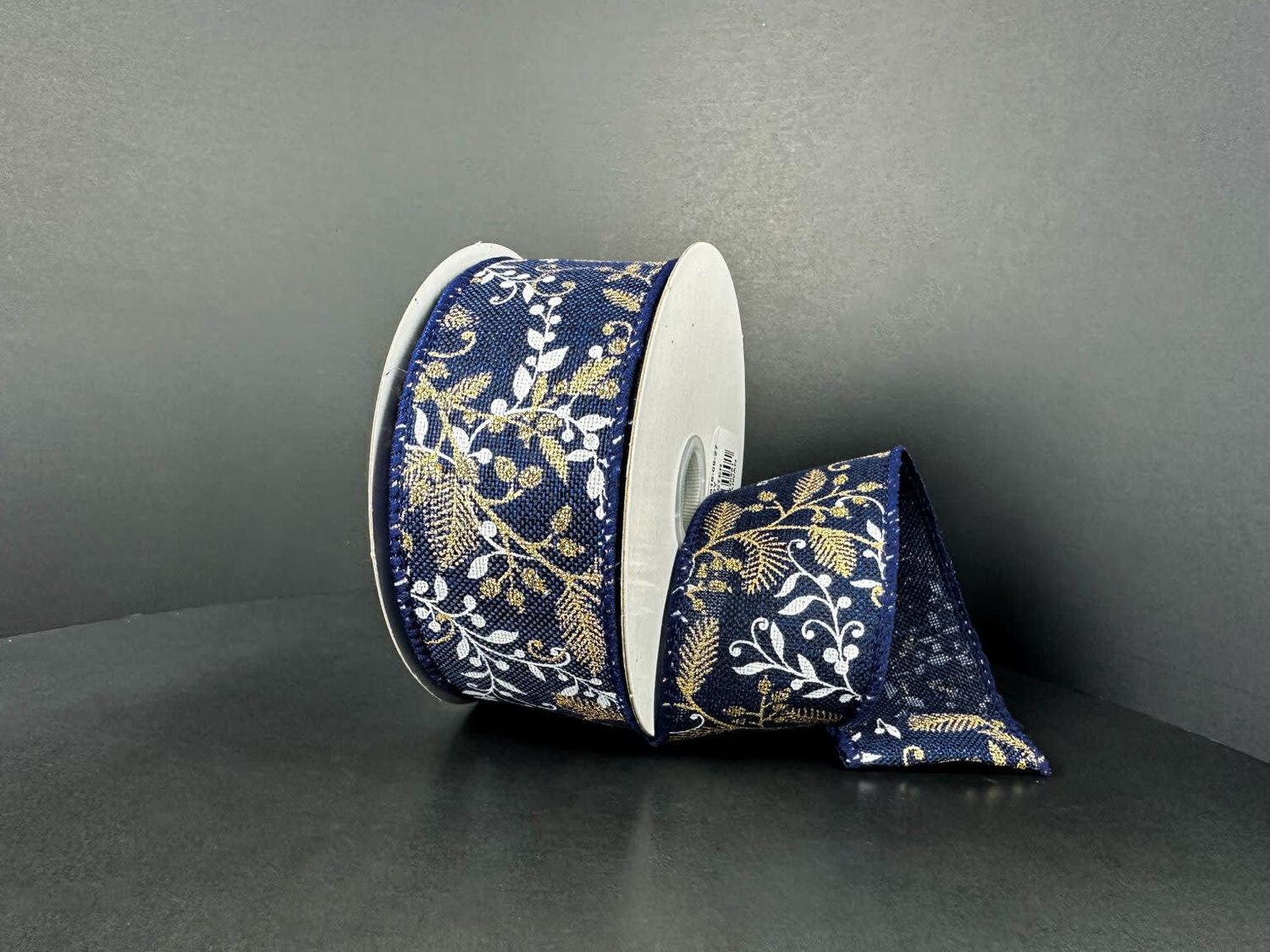 1.5" X 10 YDS NAVY &amp; GOLD LINEN RIBBON