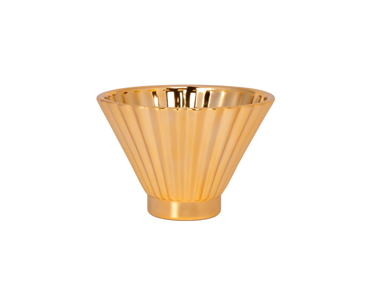 5"h x 7.5" CERAMIC ROUND BOWL WITH EMBOSSED CORRUGATED DESIGN BODY IN TAPERED BOTTOM DESIGN  METALLIC FINISH GOLD