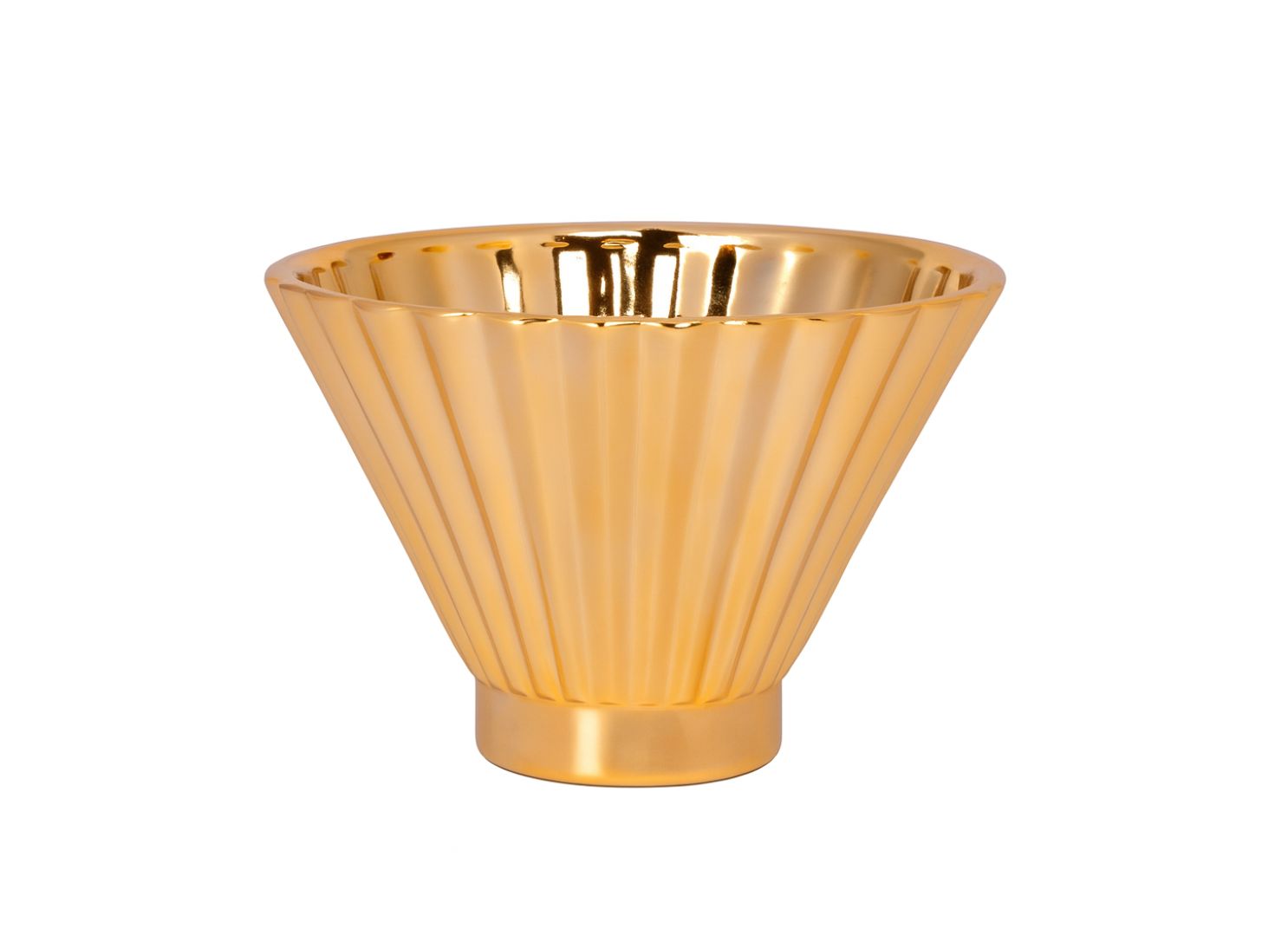 7.5"h x 11" CERAMIC ROUND BOWL WITH EMBOSSED CORRUGATED DESIGN BODY IN TAPERED BOTTOM DESIGN  METALLIC FINISH GOLD