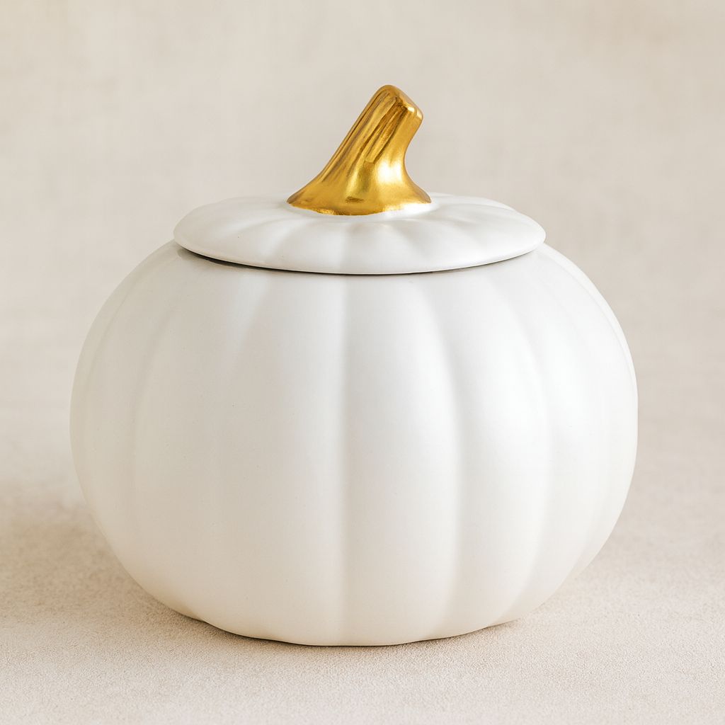 5”H X 7”D (4.5” OPEN) MATTE WHITE CERAMIC PUMPKIN VASE WITH LID