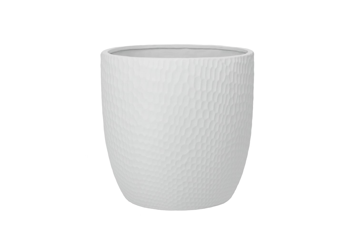 11"h x 12" CERAMIC ROUND POT WITH HAMMERD PATTERN DESIGN BODY  MATTE FINISH WHITE