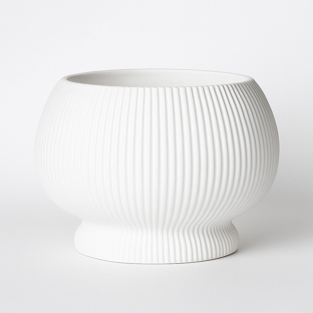 7”H X 8.5” WHITE CERAMIC RIBBED CARO PEDESTAL BOWL PLANTER WITH DRAIN PLUG (LINER RECOMMENDED)