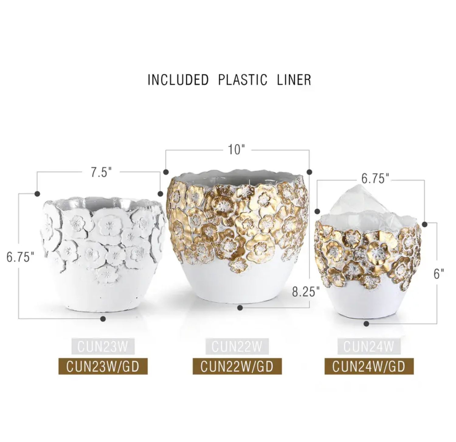 CERAMIC TERRAFORGE COLLECTION (PLASTIC LINER INCLUDED), Color: WHITE, Size: 6"H X 6.75" (sku- CUN24)