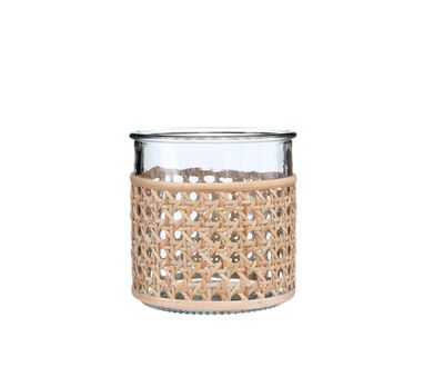 5” X 5” BOHO GLASS CYLINDER WICKER CANE VASE
