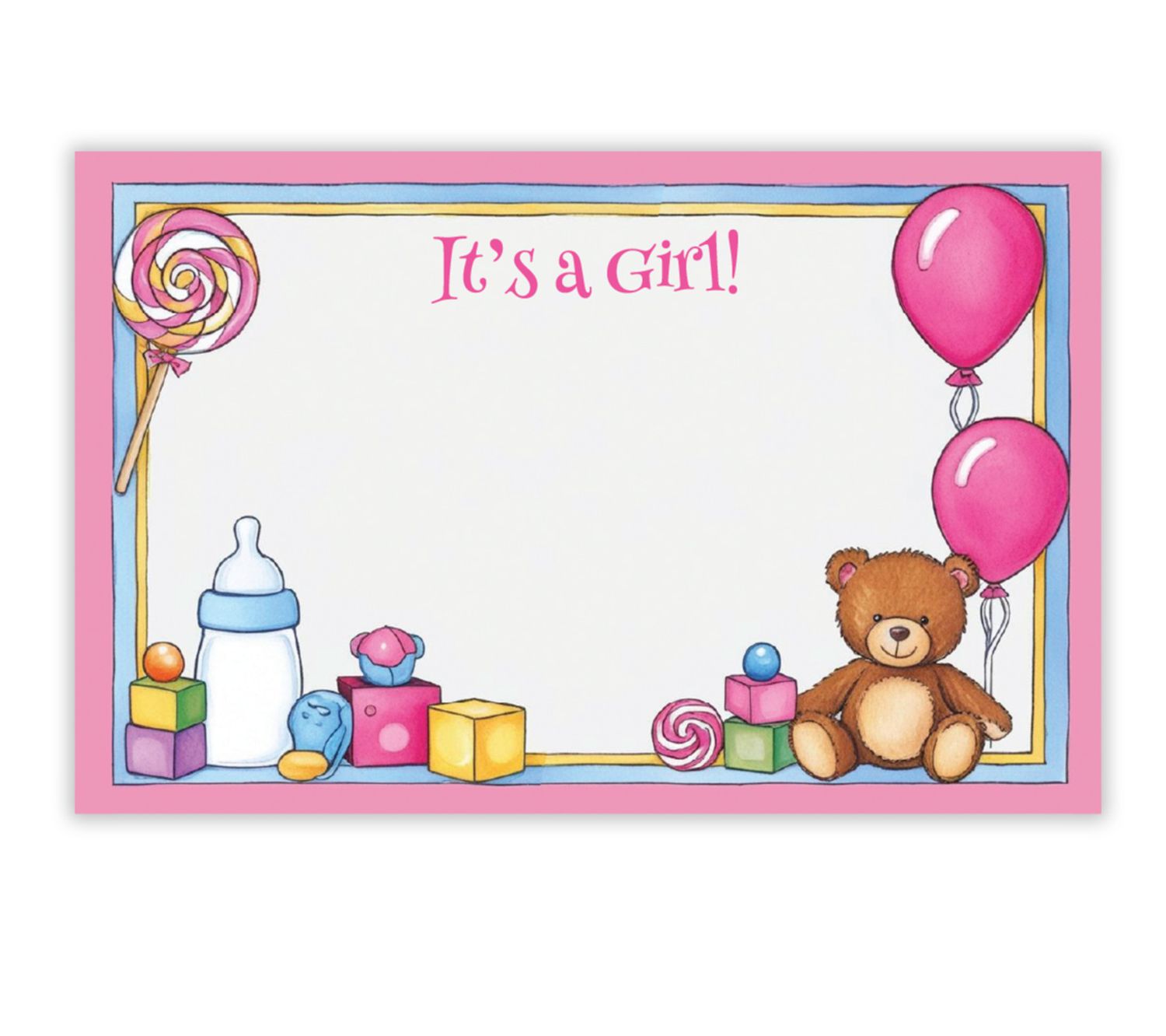 "IT'S A GIRL " CAPRI CARD, TEDDY BEAR AND PINK BALLOONS