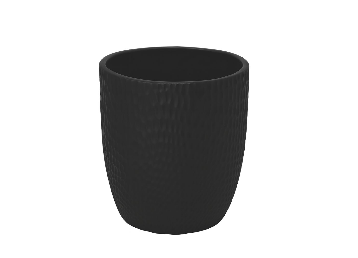 11"h x 12" CERAMIC ROUND POT WITH HAMMERD PATTERN DESIGN BODY  MATTE FINISH BLACK