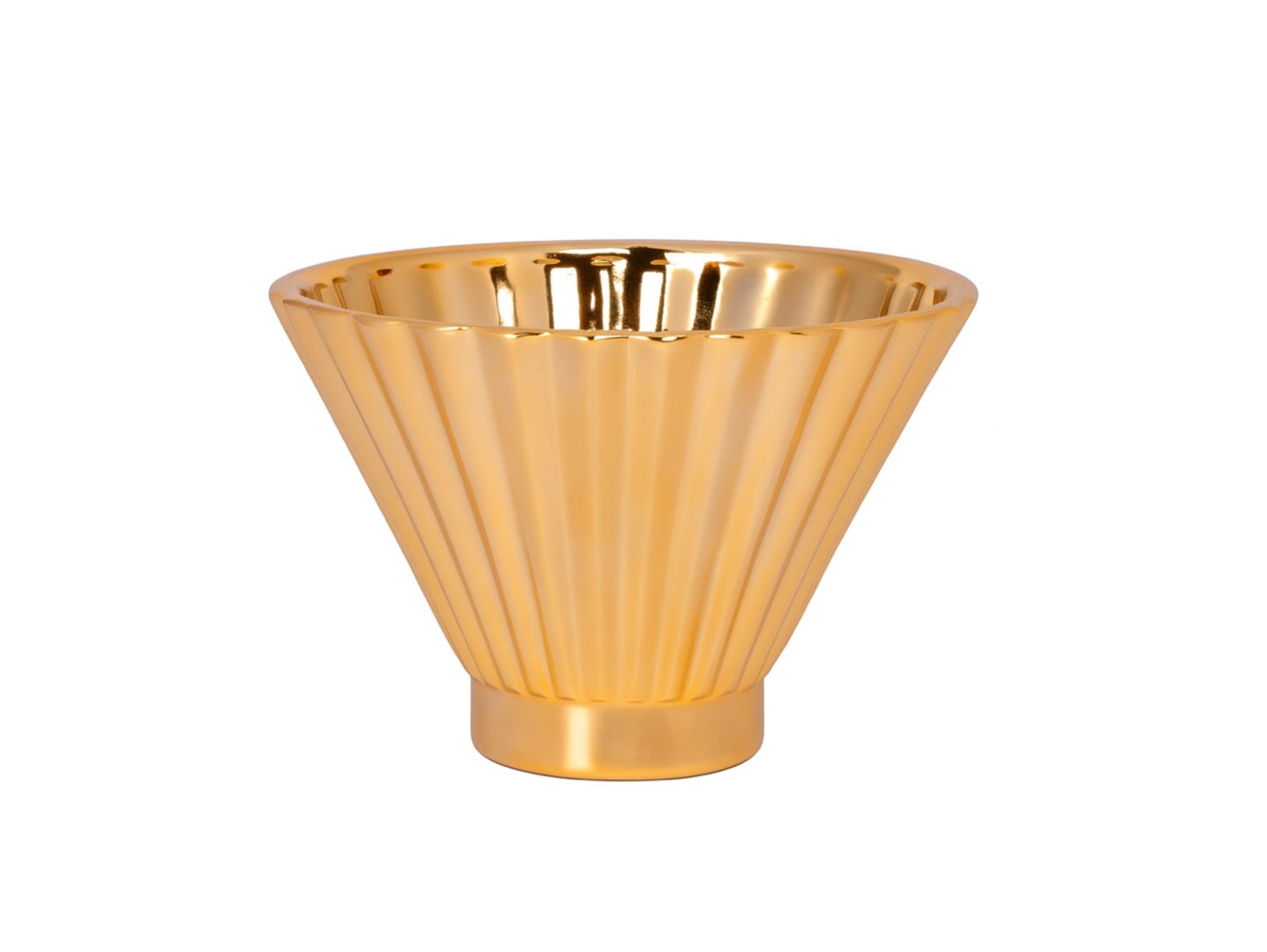 6.25"h x 9.5" CERAMIC ROUND BOWL WITH EMBOSSED CORRUGATED DESIGN BODY IN TAPERED BOTTOM DESIGN  METALLIC FINISH GOLD