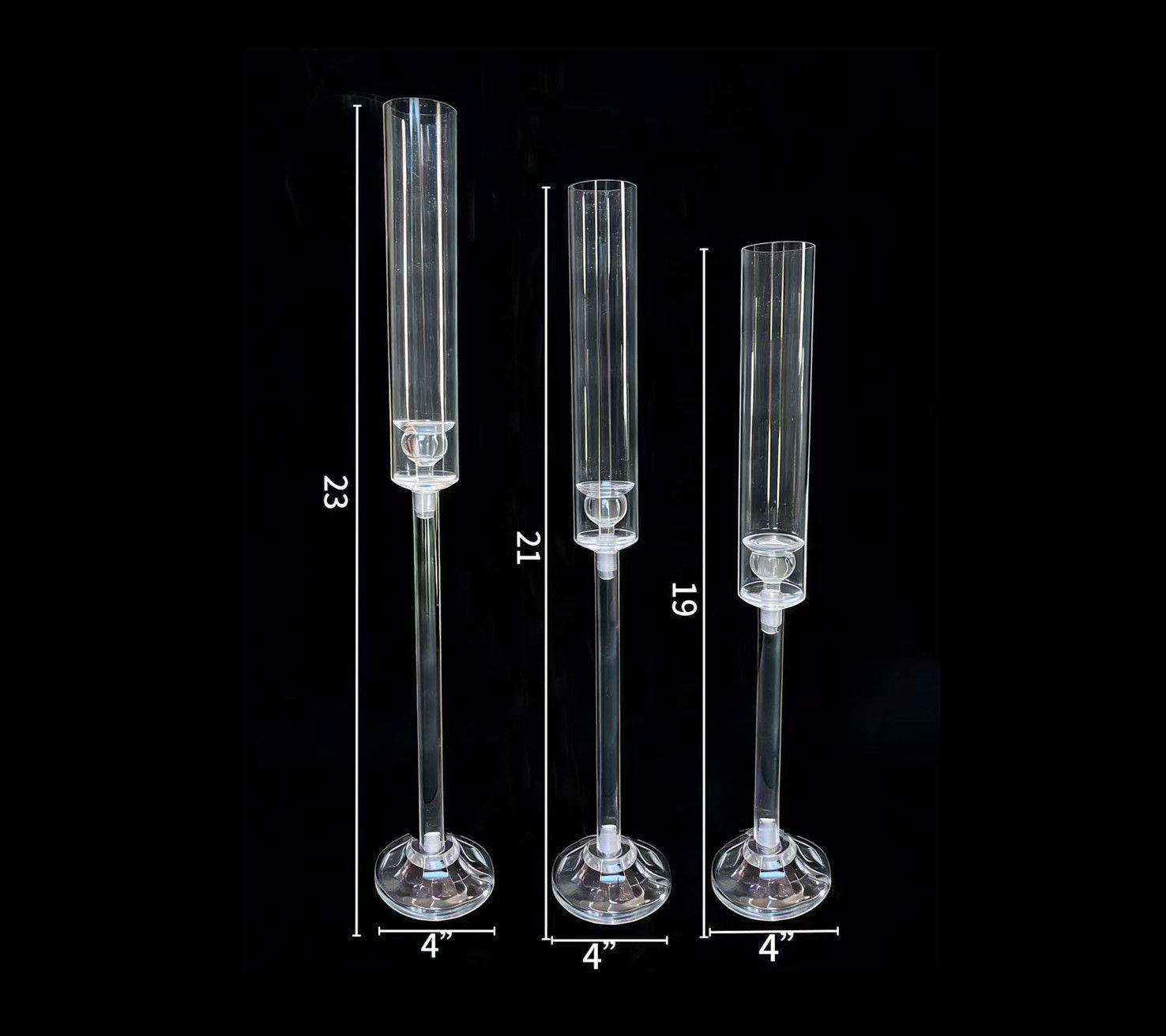 23", 21", 19" ACRYLIC CANDLE HOLDER SET OF THREE. (ONLY SOLD BY THE SET)