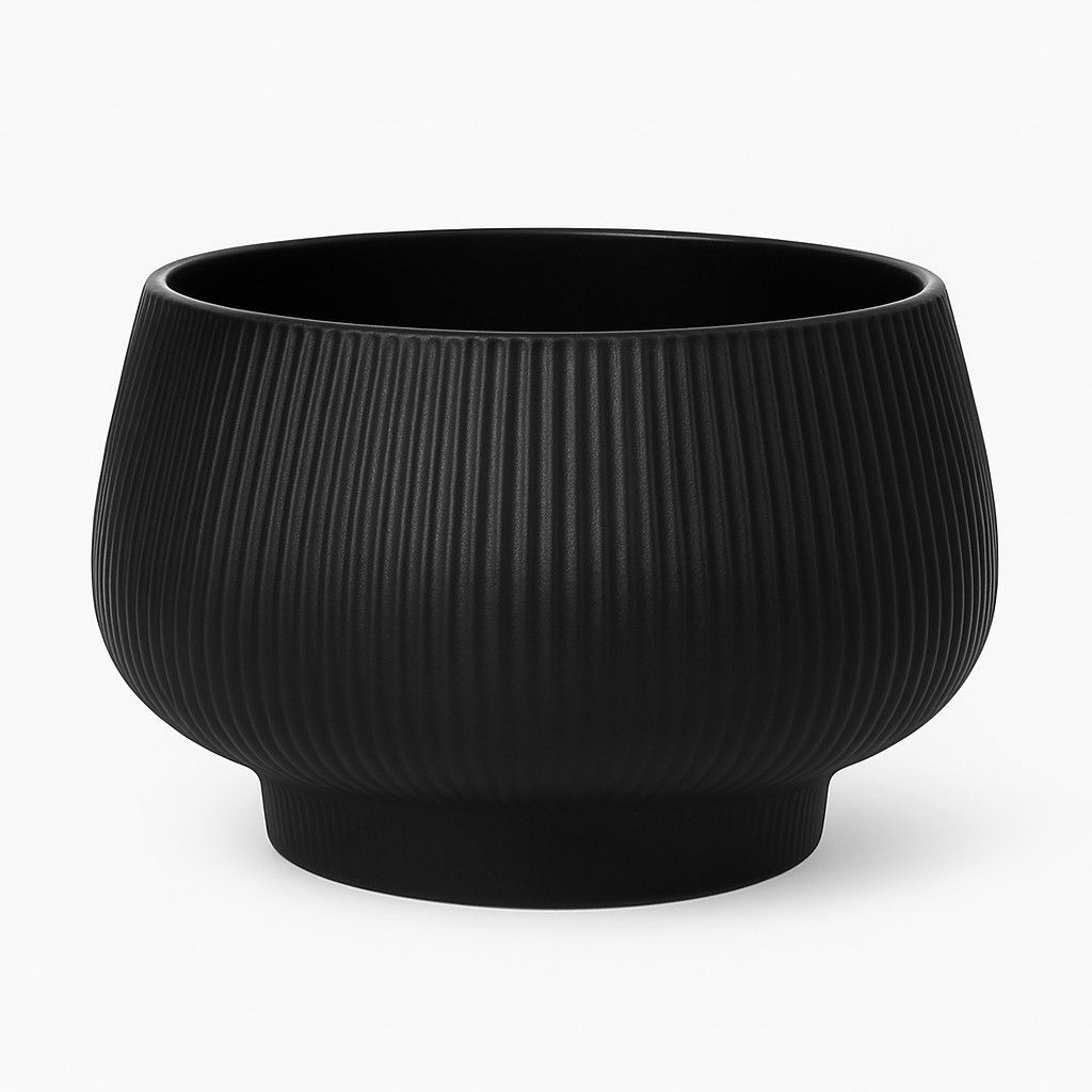 CERAMIC RIBBED ALINA FOOTED BOWL PLANTER, Color: BLACK, Size: 5.25"H X 8.25" (SKU-QWC50015) WITH DRAIN PLUG (LINER RECOMMENDED)