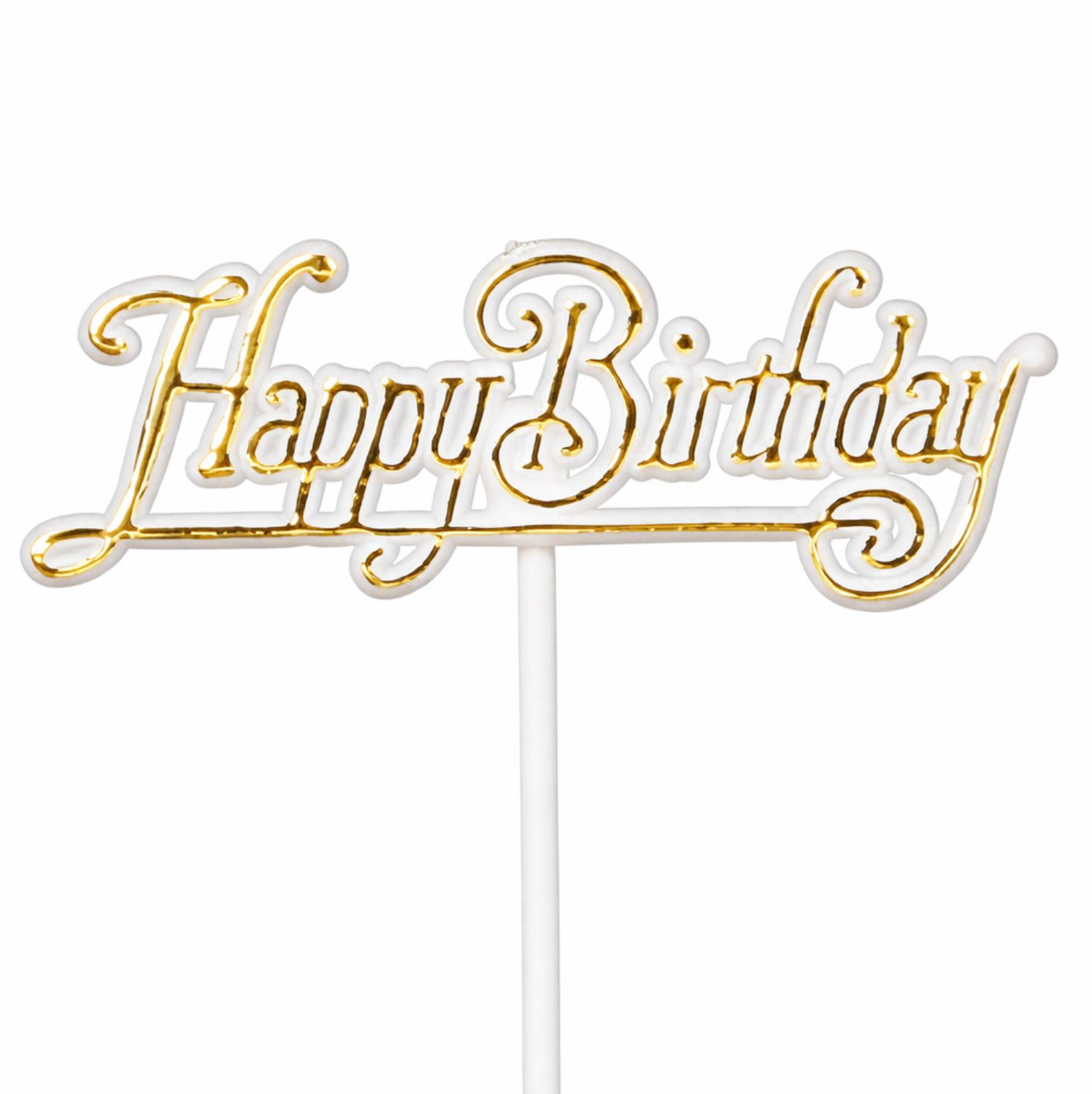 “HAPPY BIRTHDAY” PICKS GOLD ON WHITE W/WHITE STICK 12pk