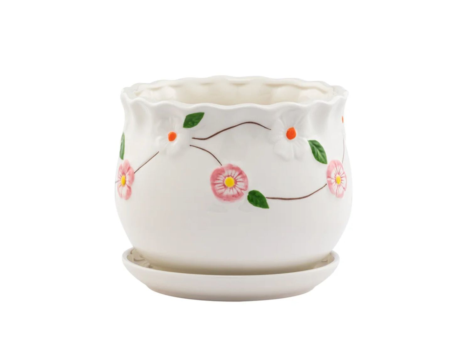 7"H X 7.25" LARGE WHITE APPLE BLOSSOM PLANTER WITH SAUCER