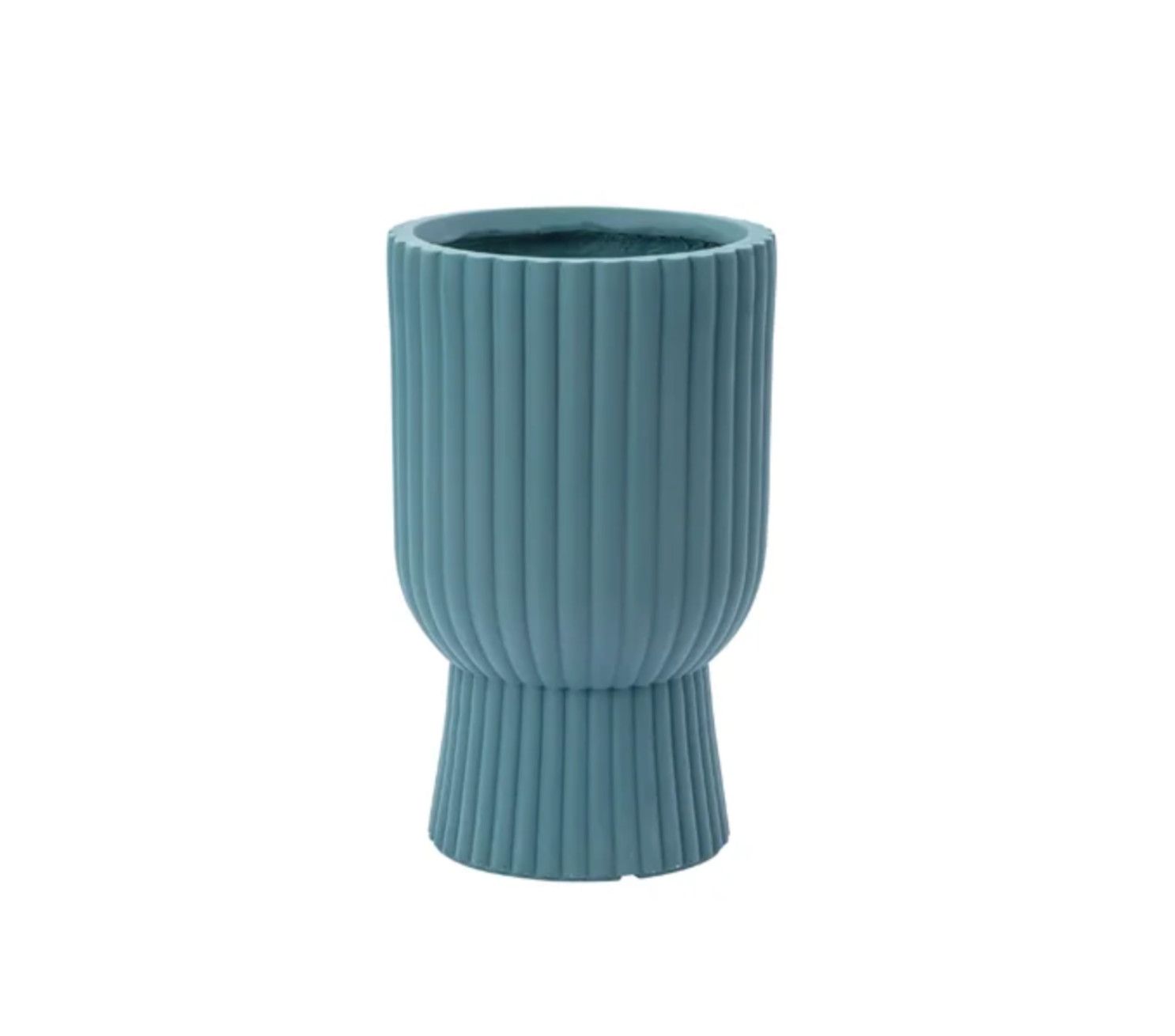 15.5”H X 8” SMALL BLUE RIBBED POLY RESEIN PEDESTAL PLANTER