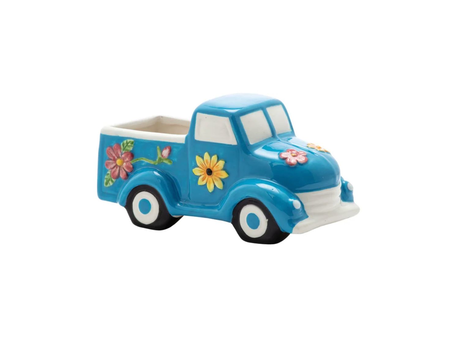 3.5”h x 7” BLUE CERAMIC FLOWER TRUCK PLANTER